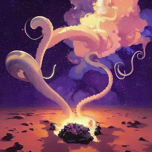 Prompt: tentacles in universe, a god stature, DARK PURPLE SCHEME, stars, FIRE,by studio ghibli painting,by Joaquin Sorolla rhads Leyendecker, by Ohara Koson and Thomas Kinkade