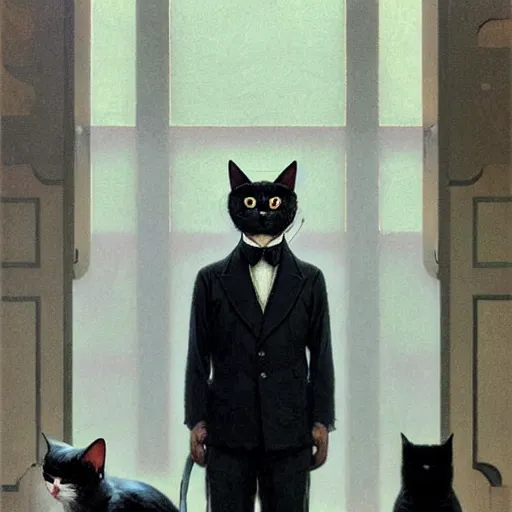 Image similar to socialist realism propaganda poster portrait of a cat wearing a black suit, socialist realism, highly detailed, intricate, digital painting, artstation, sharp focus, illustration, art by jakub rozalski, greg rutkowski, artgerm, tan zi and ayanamikodon and alphonse mucha and wlop