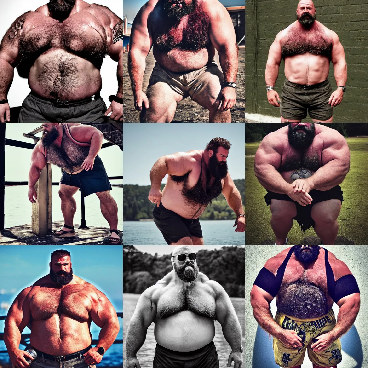 Prompt: big burly beefy strongman, epic, gritty, dark, stylized, masculinity, hairy, dad energy, summer vibes, shorts, shirt, flip flops, love, wholesome, photography, high detail, high resolution