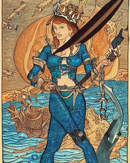 Image similar to a shark skin pirate queen with melee weapons by ivan bilibin