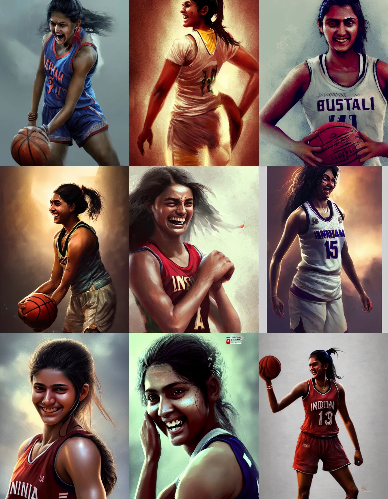 Prompt: young indian woman basketball player, strong, muscular, laughing, digital portrait by greg rutkowski, intricate, soft focus, highly detailed, cinematic, epic, artstation