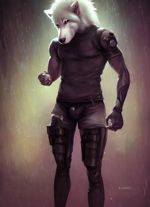 Prompt: award winning beautiful portrait commission art of a muscular shirtless male furry anthro albino wolf fursona with a tail and a cute beautiful attractive detailed furry face wearing black stylish cyberpunk pants and boots in a cyberpunk city at night while it rains. Character design by charlie bowater, ross tran, artgerm, and makoto shinkai, detailed, inked, western comic book art