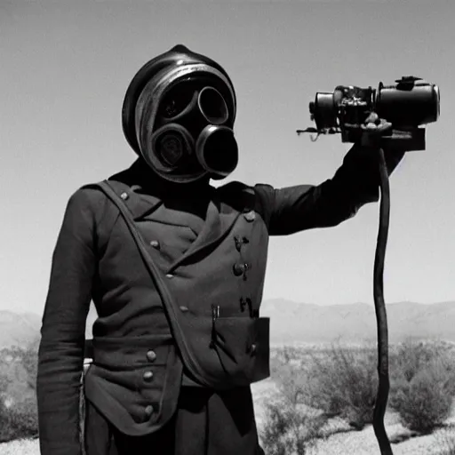 Image similar to an 1 8 0 0's admiral wearing a gasmask, in the desert, film still, arriflex 3 5