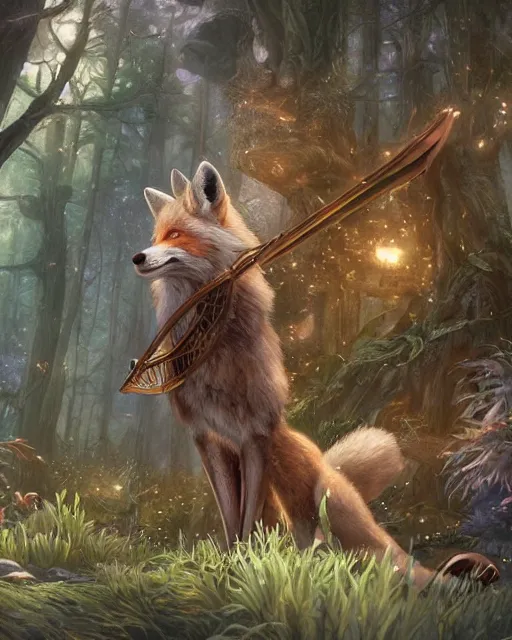 Prompt: Fox, Anthropomorphized, playing harp in magical forest, portrait, magic the gathering artwork, D&D, fantasy, cinematic lighting, centered, symmetrical, highly detailed, digital painting, artstation, concept art, smooth, sharp focus, illustration, volumetric lighting, epic Composition, 8k, art by Akihiko Yoshida and Greg Rutkowski and Craig Mullins, heroic pose, oil painting, cgsociety