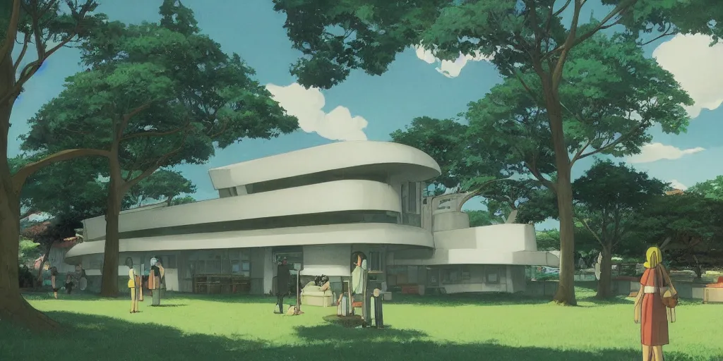 Image similar to A solarpunk round white sci-fi building in a city park, by Studio Ghibli and Edward Hopper