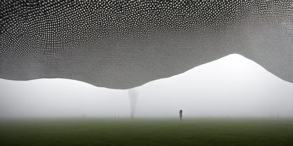 Image similar to white honeycomb organic building with warm illumination inside by ernesto neto sits on the field evening atmosphere in low fog, 4 k, insanely quality, highly detailed, film still from the movie directed by denis villeneuve with art direction by zdzisław beksinski, telephoto lens, shallow depth of field