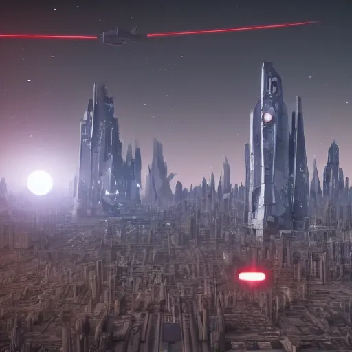 Image similar to a futuristic city, it's night, a star destory from star wars flies above it, realistic 8k