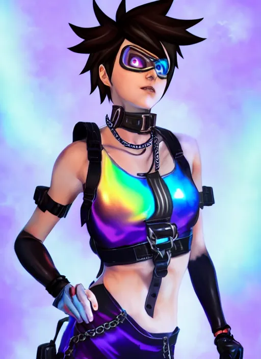 Prompt: full body digital artwork of tracer overwatch, wearing black iridescent rainbow latex tank top, 4 k, expressive happy smug expression, makeup, in style of mark arian, wearing detailed black leather collar, wearing chains, black leather harness, leather cuffs around wrists, detailed face and eyes,