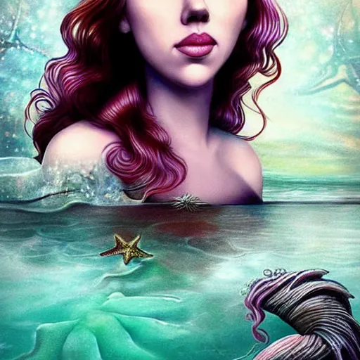 Image similar to “Scarlett Johansson portrait, fantasy, mermaid, cartoon, pearls, glowing hair, shells, gills, crown, water, highlights, starfish, goddess jewelry, realistic, digital art, pastel ”