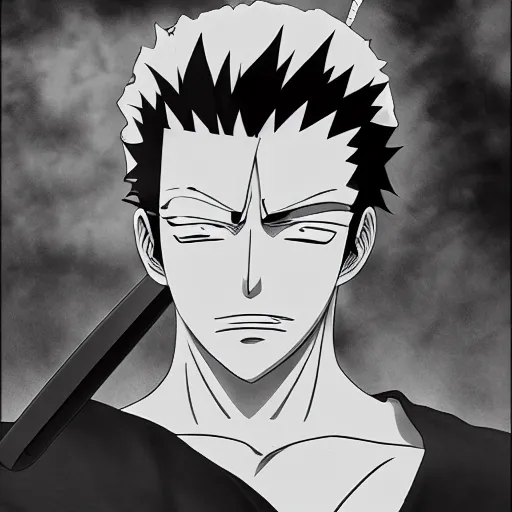 Prompt: Roronoa Zoro from one piece, manga style, black and white, photorealistic 4k