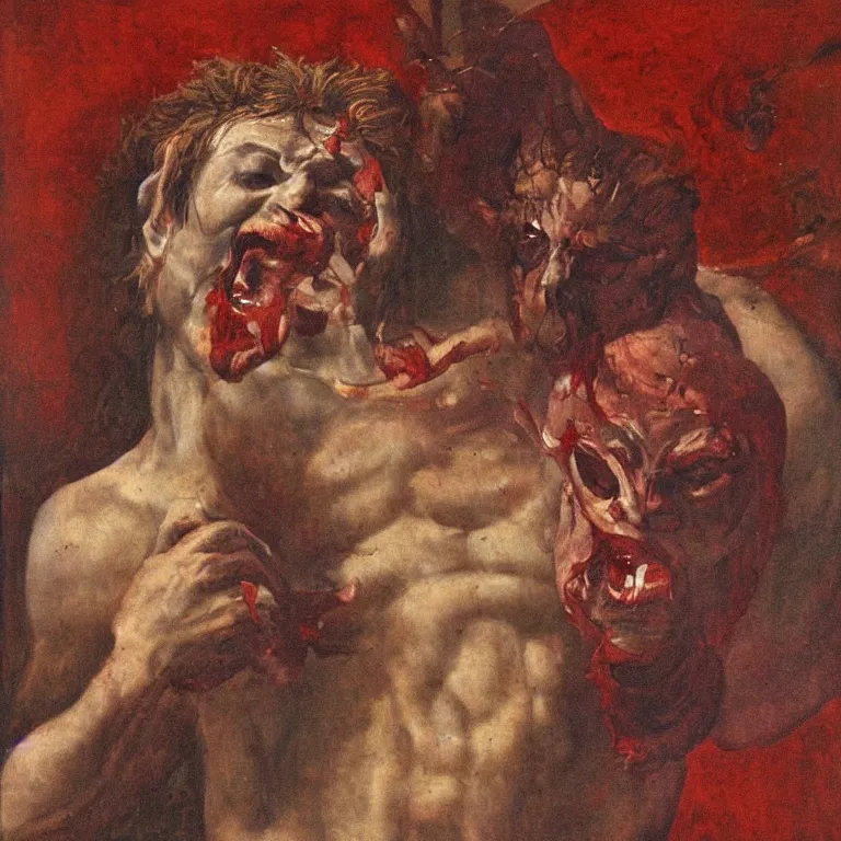 Prompt: raw, unsettling portrait of Dionysus, the Greek god of wine, tearing out his heart by 20th-century artist Francis Bacon