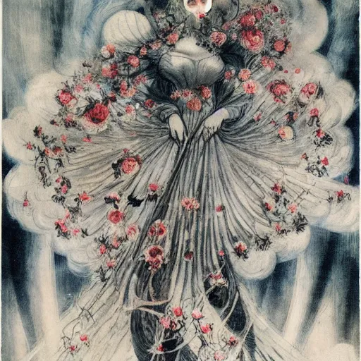 Image similar to Louis Icart, an old elaborate painting of an abstract robot tornado made entirely out of flowers coming out of her head, highly detailed, swirling, flowing, dancing, dreaming, masterpiece - H 704