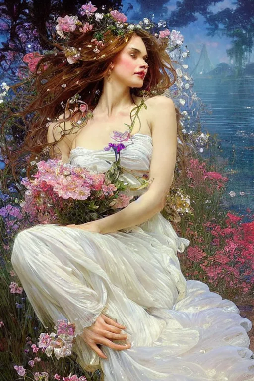 Prompt: portrait of a beautiful woman wearing a white dress, holding a bouquet of flowing flowers, drenched body, wet dripping hair, emerging from the water, fantasy, regal, fractal crystal, fractal gems, by stanley artgerm lau, thomas kindkade, alphonse mucha, loish, norman rockwell