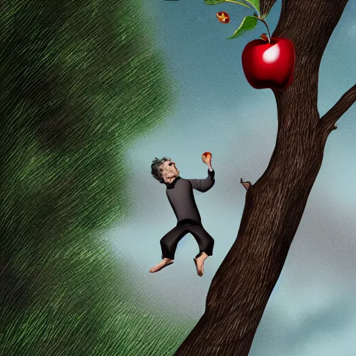 Image similar to streatchy dude trying to reach an apple on a very high tree, digital art, 8K