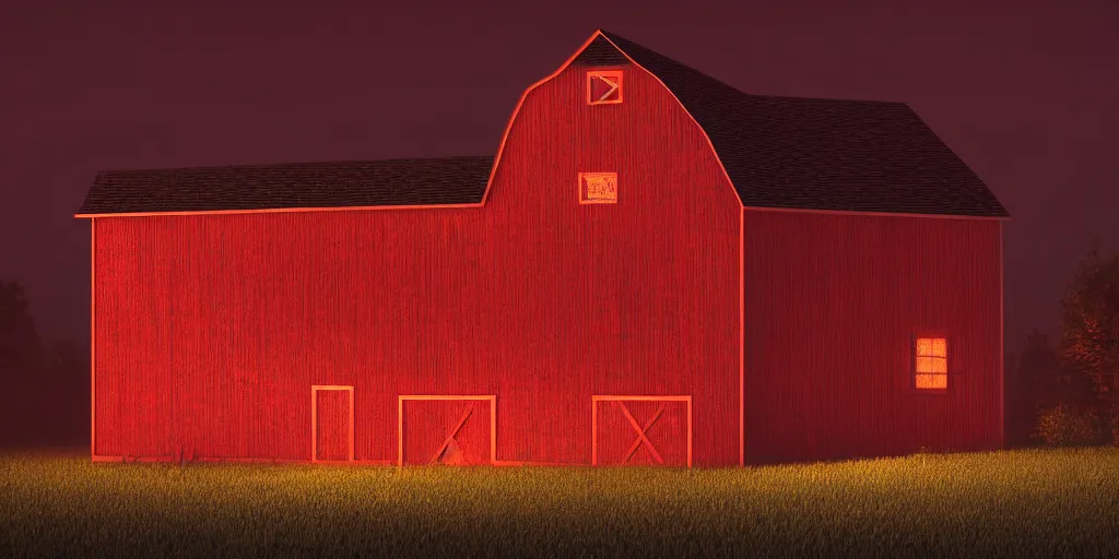 Image similar to a highly detailed photographic render of a barn with glowing red windows at night, a giant insect leans over it, beautifully lit, ray traced, octane 3D render, octane render, unreal engine