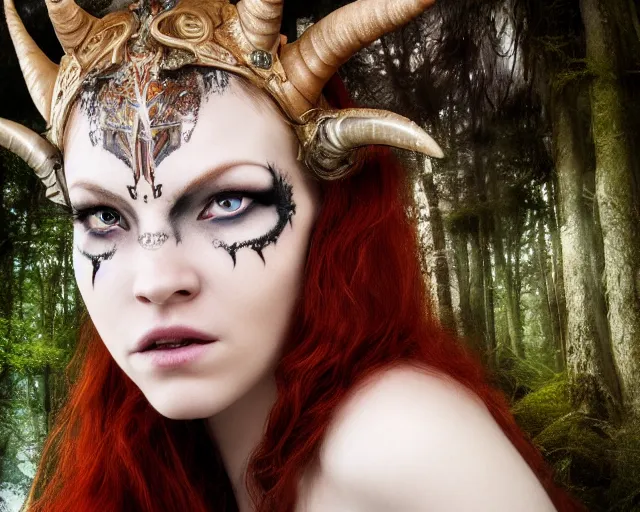 Image similar to 5 5 mm portrait photo of an armored gorgeous anesthetic redhead woman warrior with a face tattoo and horns growing from her head, in a magical forest. by luis royo. highly detailed 8 k. intricate. lifelike. soft light. nikon d 8 5 0. cinematic post - processing