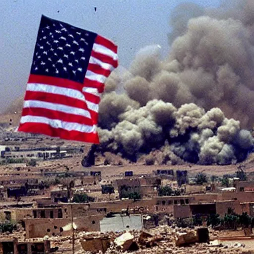 Image similar to iraq in 2 0 0 3 being destroyed by rockets, american flag somewhere »