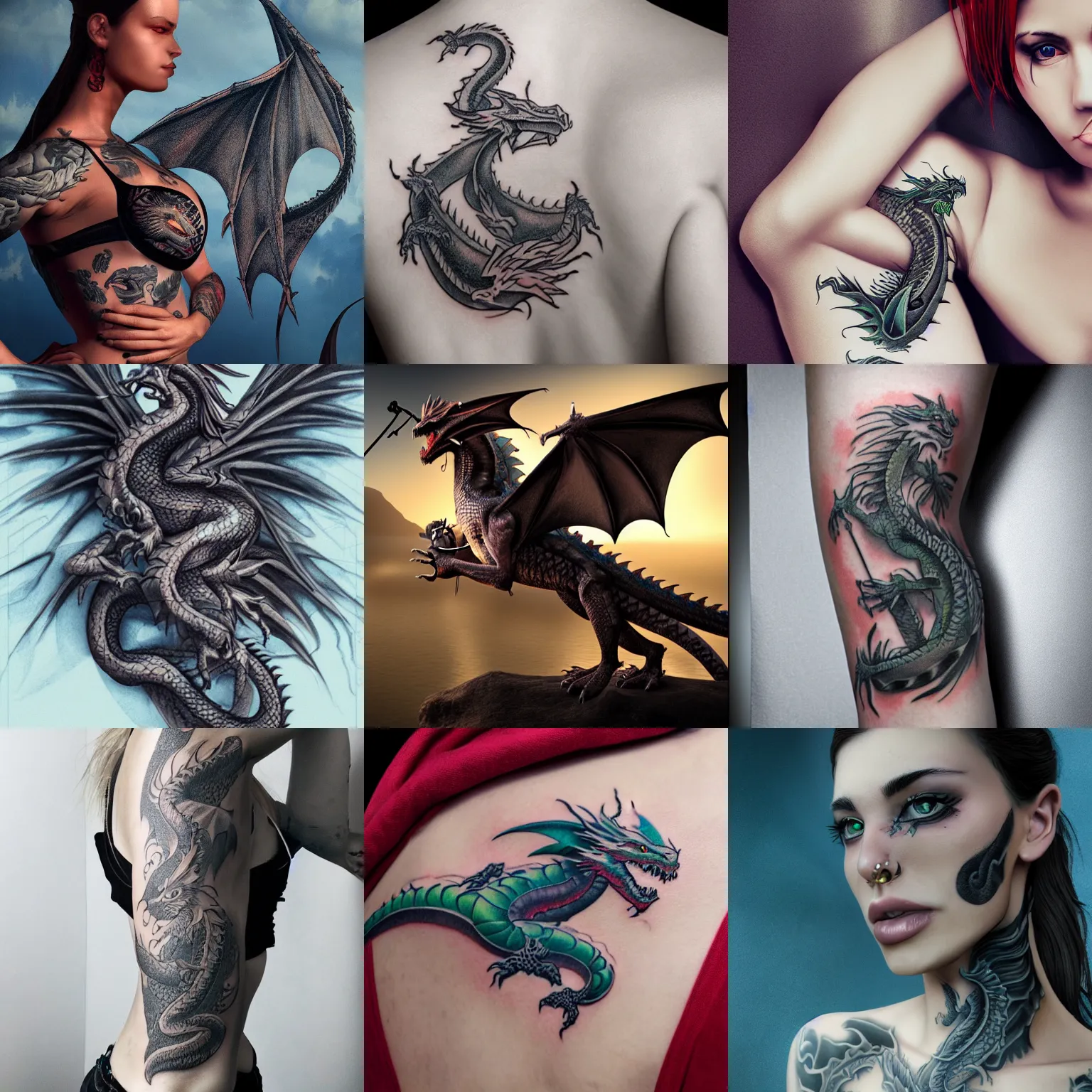 Prompt: dragon with a tattoo of a woman, photorealistic, render, 8k, beautiful composition, masterpiece