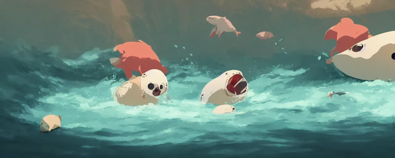 Prompt: piranhas attacking a baby harp seal in a tropical river, blood in the water, atey ghailan, goro fujita, studio ghibli, rim light, dark lighting, clear focus, very coherent