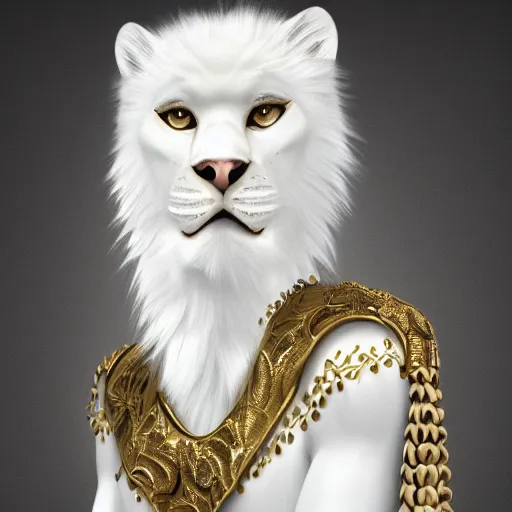 Prompt: portrait of a white human panter with a very long fur and gold jewelry, fantasy, trending on artstation, heroic pose, illustration, highly detailed, simple, 8k