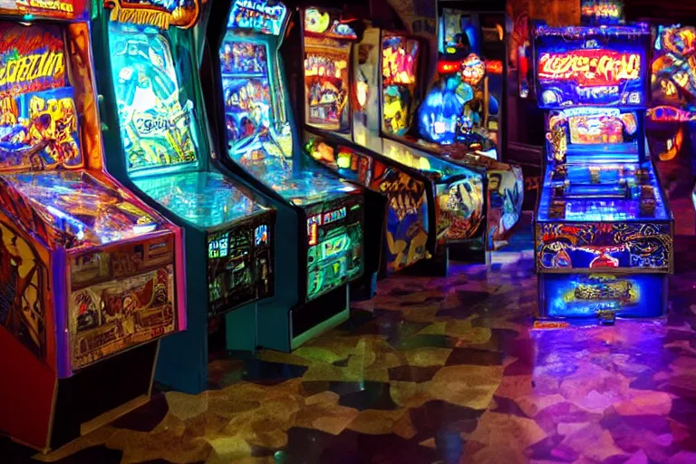 Image similar to inside an arcade, cosmic horror, arcade games, pinball machines,