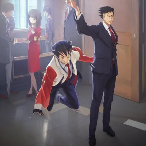 Image similar to phoenix wright shouts objection, ace attorney style, digital painting, anime, by greg rutkowski makoto shinkai key art kyoto animation