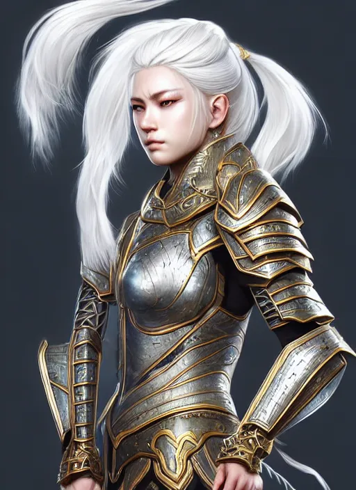 Image similar to warrior, intricate ornate opal heavy armor!!! beautiful and athletic white hair female!! gorgeous face and eyes!! character concept art, sharp focus, octane render! unreal engine 5! highly rendered!! trending on artstation!! detailed linework!! illustration by artgerm, wlop, and chie yoshii