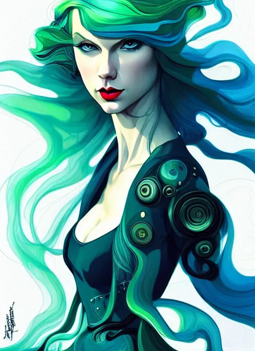 Image similar to style artgerm, joshua middleton, taylor swift with green dress, very long blue hair, swirling water swirling, symmetrical face, symmetrical eyes, steampunk cyberpunk,, cinematic lighting