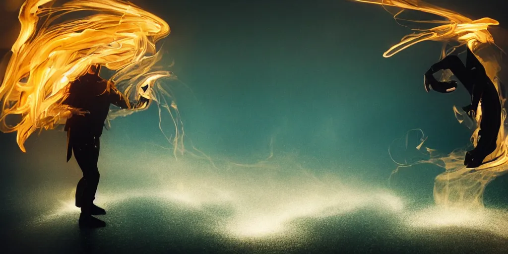 Image similar to VHS music video fisheye slow motion with lines of fire and smoke effect of futuristic break dancer wearing long dark cloak and golden helmet emitting fire and crystals, long exposure shot , enigmatic, at night half submerged by water, paddle of water, steam, fog, water splashes, rim lights, glossy reflections, water droplets on lens, octane render, Volumetric dynamic lighting, stunning cover magazine, high details, hajime sorayama