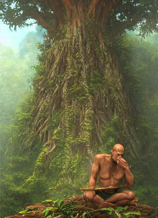 Image similar to a shaman sitting in the jungle, with giant face of an ancestor in a tree behind him, hyper detailed, art by christophe vacher