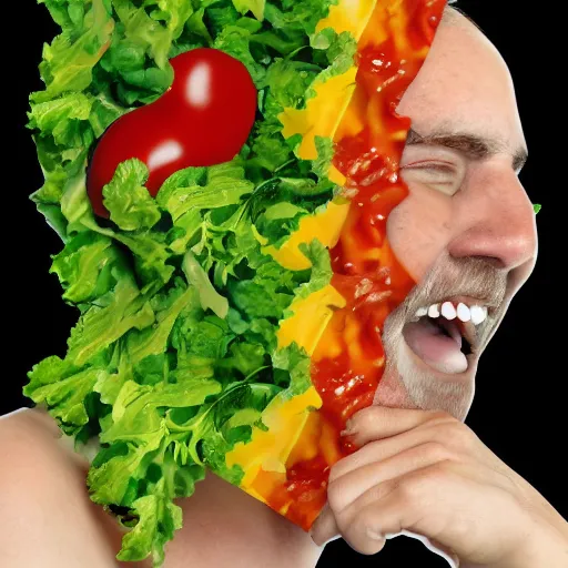 Image similar to a human with salad as their head, laughing, digital art