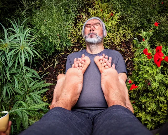 Image similar to mr robert is drinking fresh tea, smoke weed and meditate using his feet in a garden from spiral mug, he has dark grey hairs, detailed glad face, chest legs, visible belly, happy toes, golden hour closeup photo, red elegant shirt, eyes wide open, ymmm and that smell