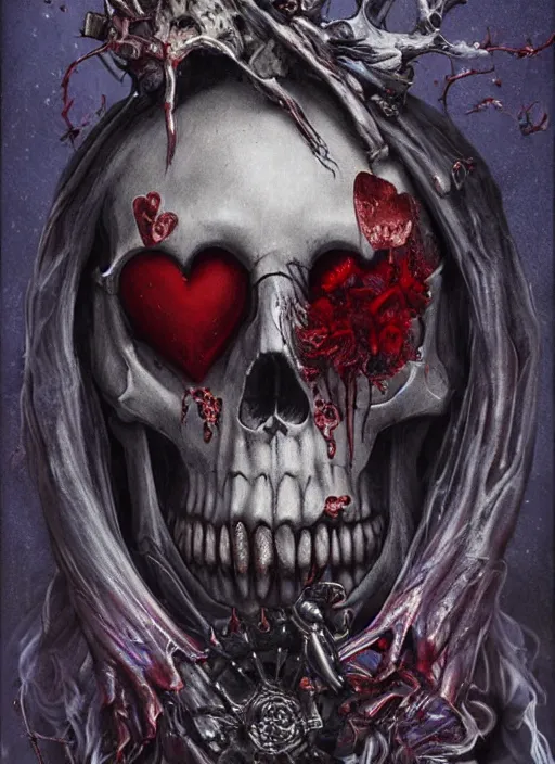 Image similar to the king of hearts, death tarot card, highly detailed, half skull face, cinematic, 8 k, by megan duncanson, benjamin lacombe, adrian borda, stanley artgermm, tom bagshaw, craig mullins, carne griffiths, ayami kojima, beksinski, giger, trending on deviantart, hyper detailed, horror, full of colour