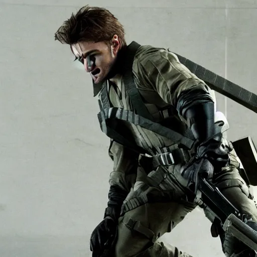 Prompt: Solid Snake played by Daniel Radcliffe, Metal Gear movie still, cinematic,