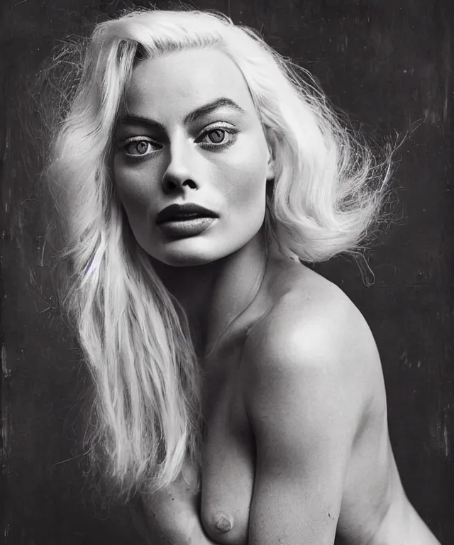 Prompt: photograph of margot robbie, by joel peter witkin, platinum blond, intense, bold, exaggerated, ultra sharp, extra details, ultra high quality, trending on pinteresst