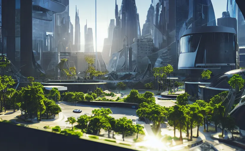 Image similar to futuristic modern city with plants growing. daylight. sunlight. lens flare. light fixtures. 8 k. detailed. photorealism. artstation. 2 5 mm f / 1. 7 asph lens. ultra realistic