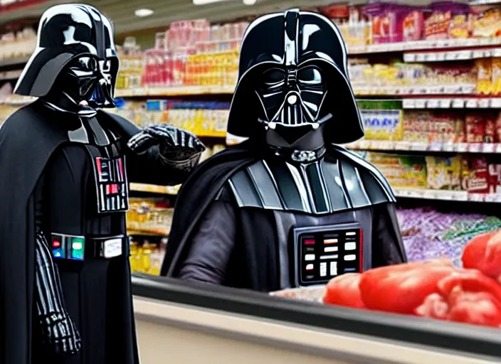 Image similar to film still of Darth Vader working as a cashier at a grocery store in the new Star Wars movie, 4k