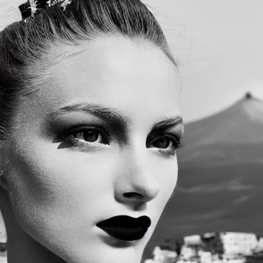 Image similar to close up of face of a fashion model in luxury dress, etna vulcano in background, official dior editorial, highly detailed