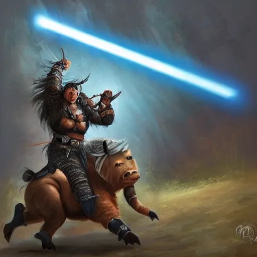 Prompt: mongolian dnd barbarian riding a boar with a lightsaber