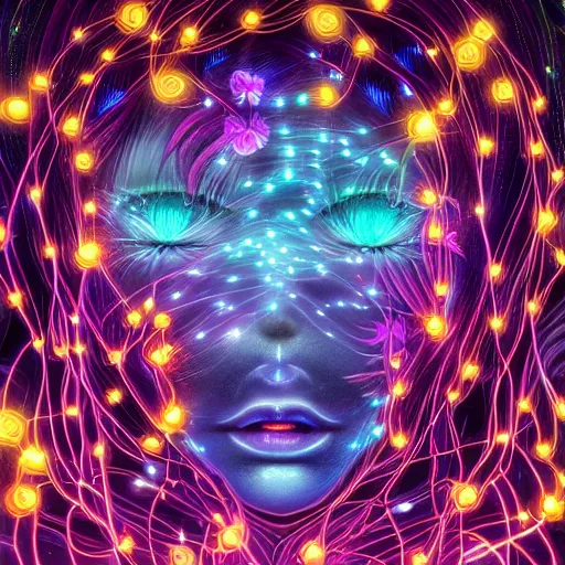 Prompt: anime girl electronic circuitry, with fireflies with a thick mane of bioluminescent vines and flowers by chris dyer and alex grey street art, trending on artstation, dramatic lighting, octane render, weta digital, trending on deviant art, deepdream, ray trace