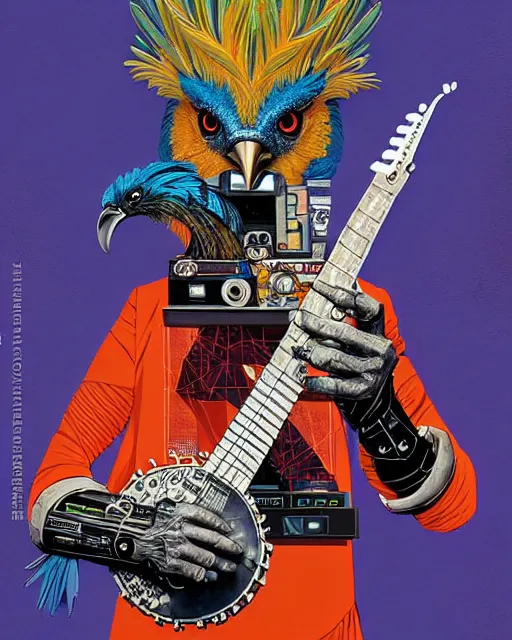 Image similar to a portrait of an anthropomorphic cyberpunk rooster playing a banjo by sandra chevrier, by jon foster, detailed render, tape deck, epic composition, cybernetics, 4 k realistic, cryengine, realistic shaded lighting, sharp focus, masterpiece, by enki bilal