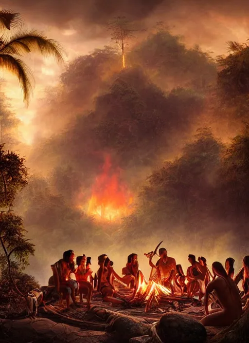 Image similar to a beautiful matte painting of an indigenous tribe around a bonfire in the jungle, fantasy art, epic lighting, beautiful composition, matte painting, highly detailed