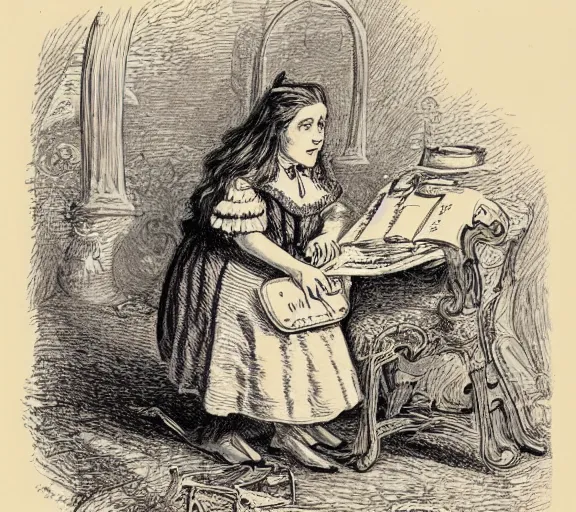 Prompt: Tenniel illustration portrait of Alice, Lewis Carrol