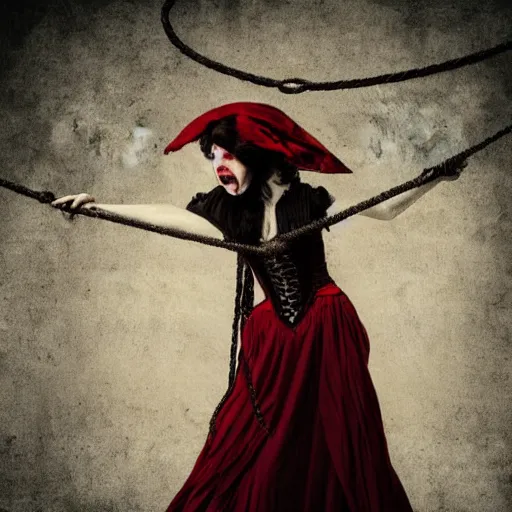 Prompt: dark schizophrenia portrait, death not dresses body red head woman in medieval dress, strangled with rope, blur effect face, victorian style, high detail