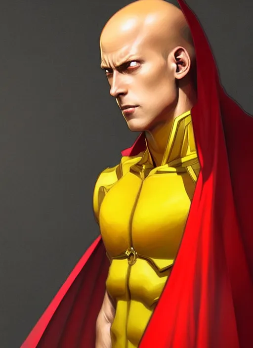 Image similar to ultra realistic illustration, handsome saitama. yellow and red cape, intricate, elegant, highly detailed, digital painting, artstation, concept art, smooth, sharp focus, illustration, art by artgerm and greg rutkowski and alphonse mucha and wlop