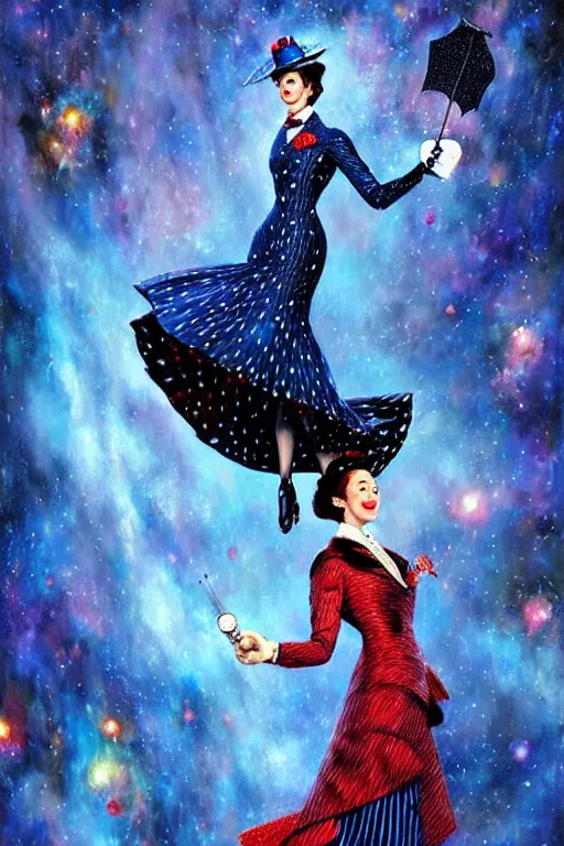 Image similar to beautiful oil painting with high detail of Marry Poppins made of stars and plasma; seemlessly blending wirh the cosmos, art direction by James Cameron ;by artgerm; wayne reynolds art station; cinematic quality character render; low angle; ultra high quality model; production quality cinema model; marry Poppins escher punk