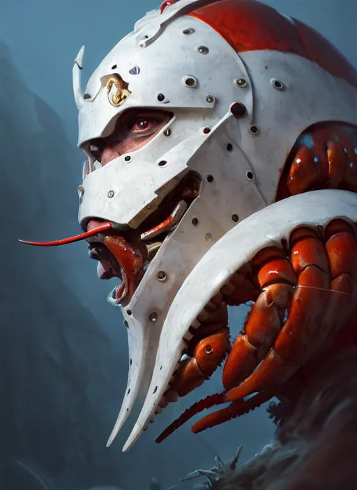 Image similar to subsurface scattering, white, lobster, centurion with face mask and plume, by jesper ejsing, justin gerard, tomasz alen kopera, cgsociety and fenghua zhong, highly detailed, rim light, cinematic lighting, illustration, art, octane render, very coherent, cinematic, hyper realism, high detail, octane render, 8 k