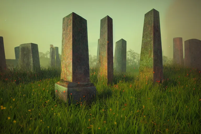 Image similar to super detailed color lowpoly art, overgrown mystical meadow with numerous trees, ancient stone obelisks with subtle glowing runes, unreal engine, retrowave color palette, 3 d render, lowpoly, colorful, digital art, perspective