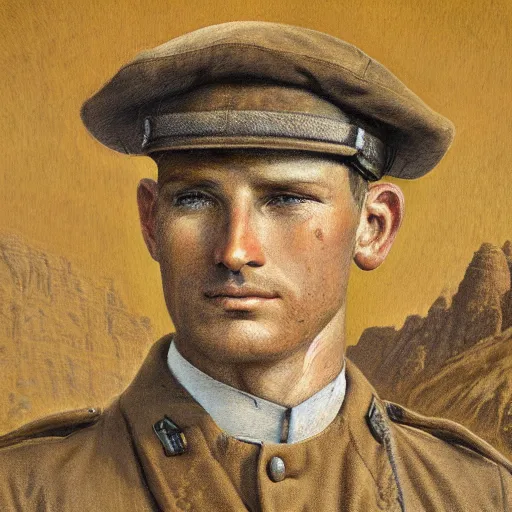 Image similar to a detailed photorealistic sepia - toned color portrait painting of a 1 9 1 7 worried clean - shaven british lieutenant in detailed field gear wearing a finely - detailed pith helmet in wadi rum, ultra realistic, intricate details, atmospheric, dark, horror, brooding, highly detailed, by clyde caldwell