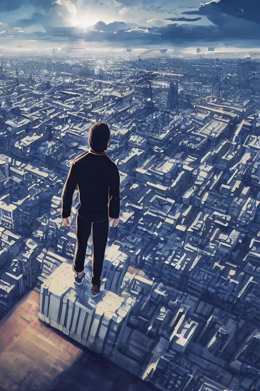 Image similar to Man in black adidas tracksuit looking atop of a urban plateau filled with soviet apartment buildings, golden hour, dreamy, beautiful clouds, ultra detailed, beautiful lighting, windy, 8k, wallpaper, cityscape, beautiful artwork by Makoto Shinkai